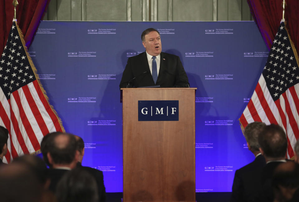 U.S. Secretary of State Mike Pompeo speaks during an event at the Concert Noble in Brussels, Tuesday, Dec. 4, 2018. U.S. Secretary of State Mike Pompeo is in Brussels to attend a two-day meeting of NATO foreign ministers. (AP Photo/Francisco Seco, Pool)