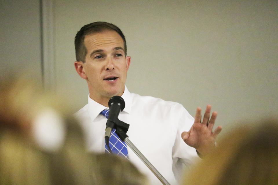 Siskiyou County Sheriff Jeremiah LaRue discusses problems from illegal marijuana cultivation during a meet-and-greet event in Mount Shasta in June 2021.