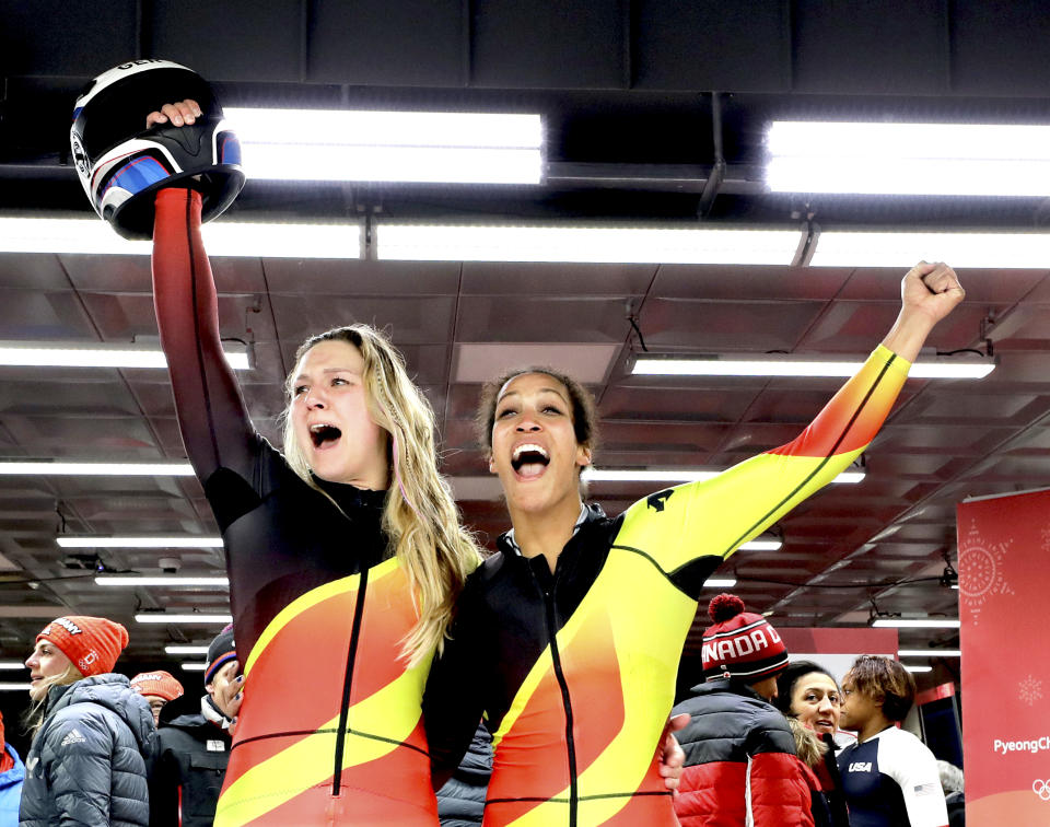 <p>Germany’s Mariama Jamanka and Lisa Buckwitz celebrate after their gold medal winning run during the Women’s Bobsled Final at the 2018 Winter Olympics in PyeongChang, South Korea, Wednesday, Feb. 21, 2018.<br>(AP Photo/Wong Maye-E) </p>
