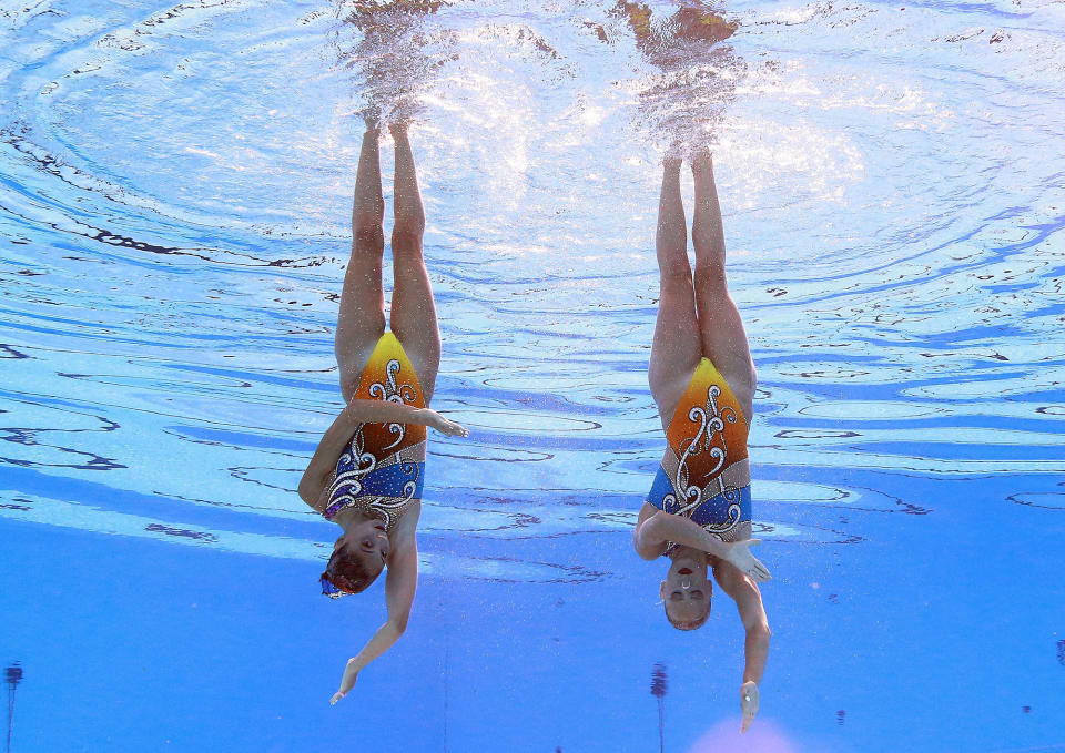 <p>Evangelina Papazoglou and Evangelina Platanioti of Greece compete in the synchronized Women’s Duet Technical Preliminary at the 17th FINA World Aquatics Championships in, Budapest, Hungary, July 14, 2017. (Photo: Michael Dalder/Reuters) </p>