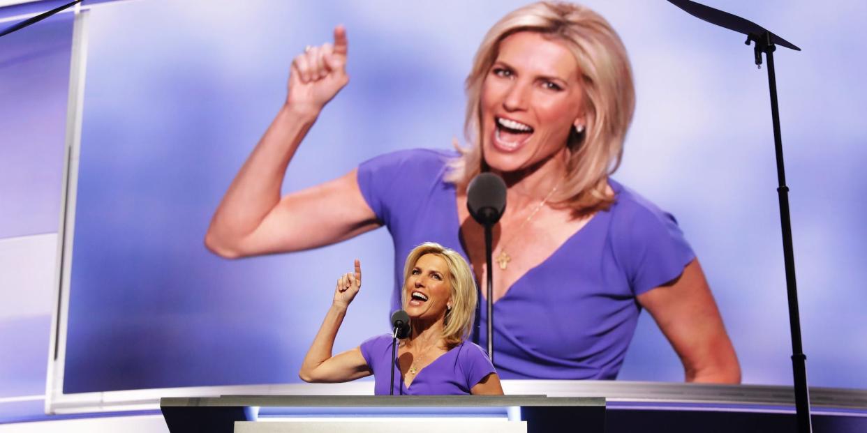 Political talk radio host Laura Ingraham delivers a speech on the third day of the Republican National Convention on July 20, 2016 at the Quicken Loans Arena in Cleveland, Ohio.