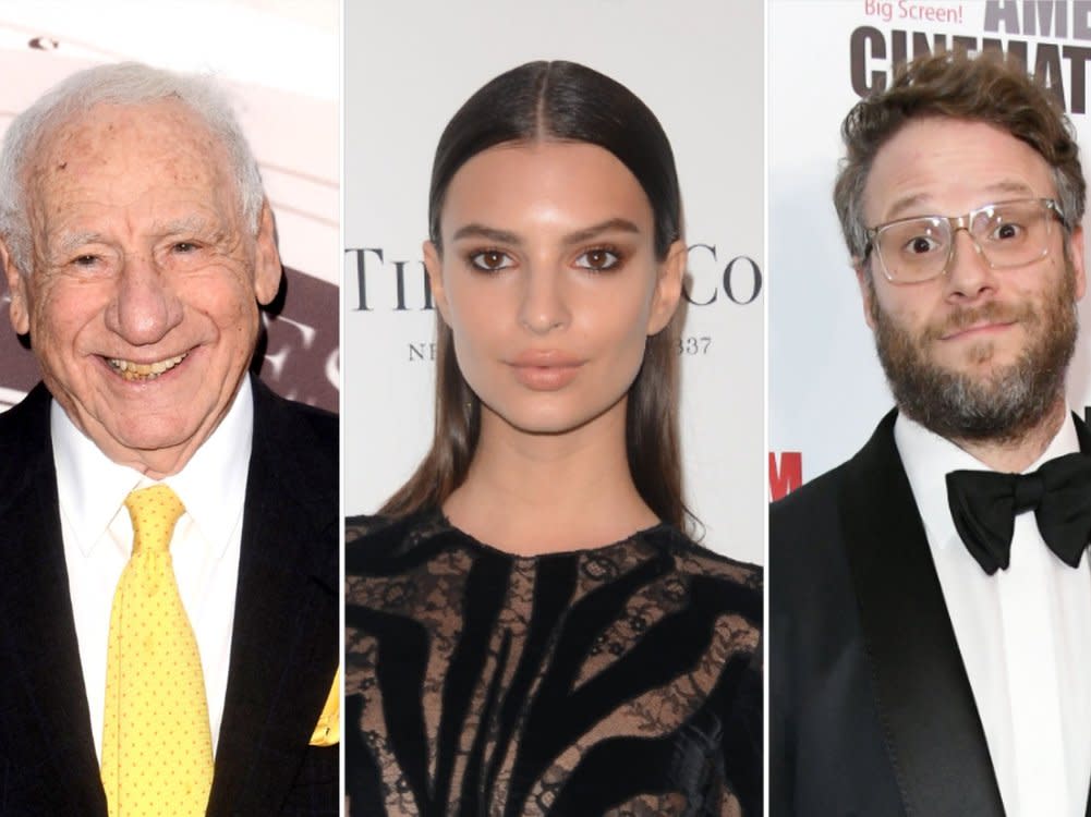 Unter anderem Emily Ratajkowski (m.) und Seth Rogen (r.) standen für Mel Brooks' (l.) "History of the World: Part II" vor der Kamera. (Bild: Birdie Thompson/AdMedia/ImageCollect / Quinn Jeffrey/Shutterstock.com / Kathy Hutchins/Shutterstock.com)