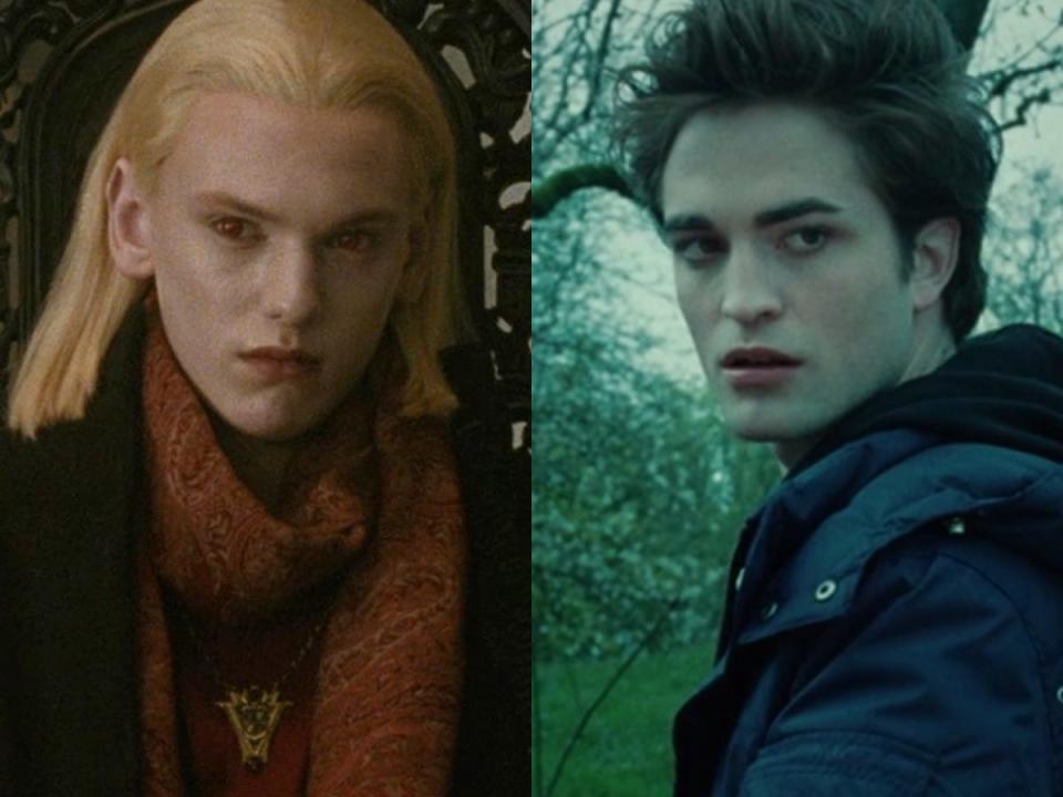 Left: Jamie Campbell Bower as Caius in "New Moon." Right: Robert Pattinson as Edward Cullen in "Twilight."