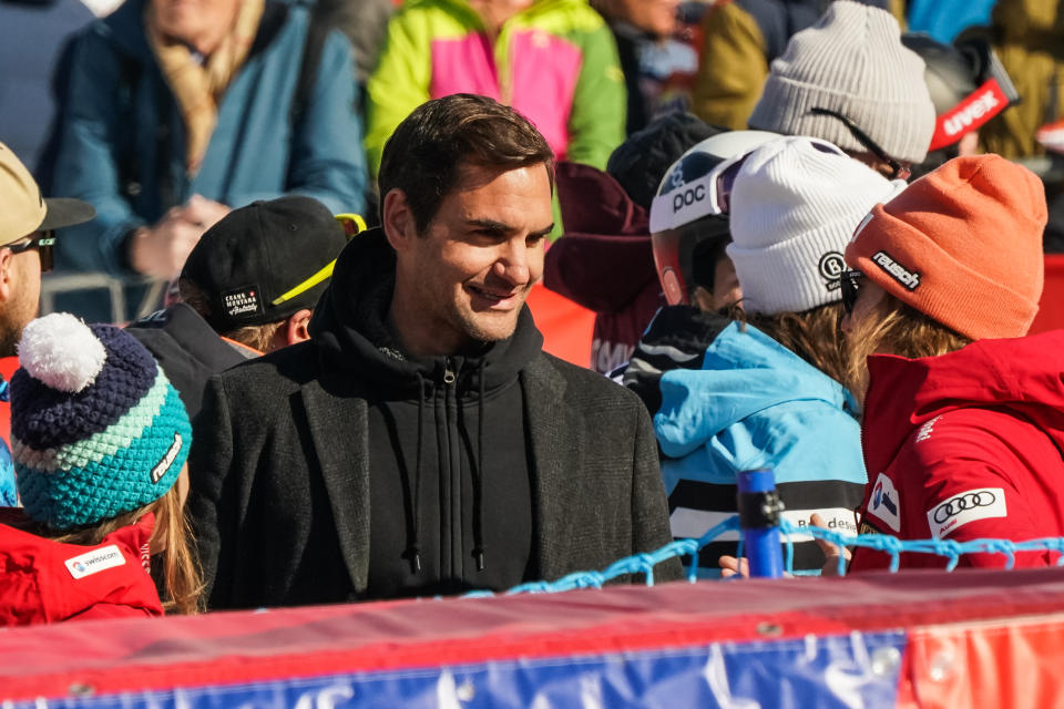 Roger Federer is seen here mingling with spectators at the Women Super G in Lenzerheide, Switzerland. 