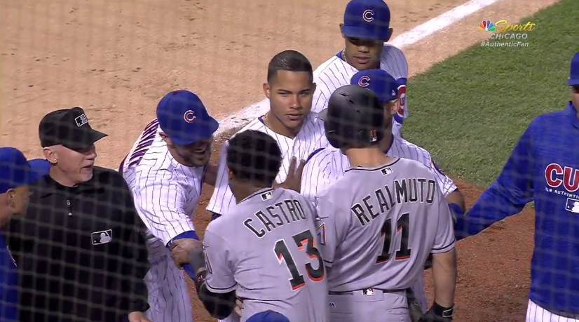 Kris Bryant tickles Starlin Castro when the benches clear during a Cubs-Marlins game at Wrigley Field. (MLB)