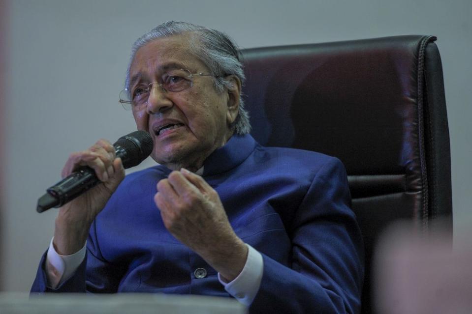 Tun Dr Mahathir Mohamad speaks to reporters during a media conference at the Pullman Kuala Lumpur in Bangsar August 7, 2020. — Picture by Shafwan Zaidon