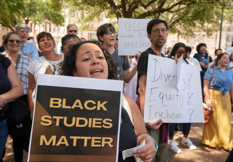 University of Texas professor Monica Jimenez protests at the Capitol in May against legislation to ban certain teaching about race and gender; outlaw diversity, equity and inclusion programs; and abolish tenure.