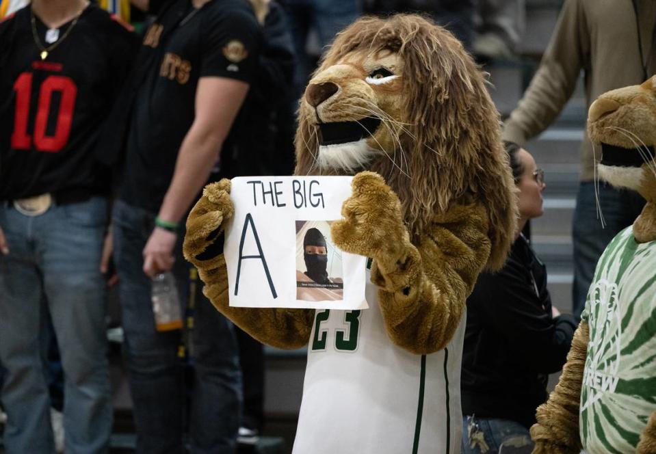 The Pride’s mascot cheers on Avery Sanchez during the Central California Athletic League game with Modesto in Modesto, Calif., Friday, Jan. 26, 2024.