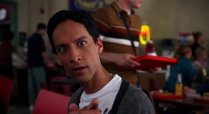 Abed pointing at the camera in the cafeteria in "Community"