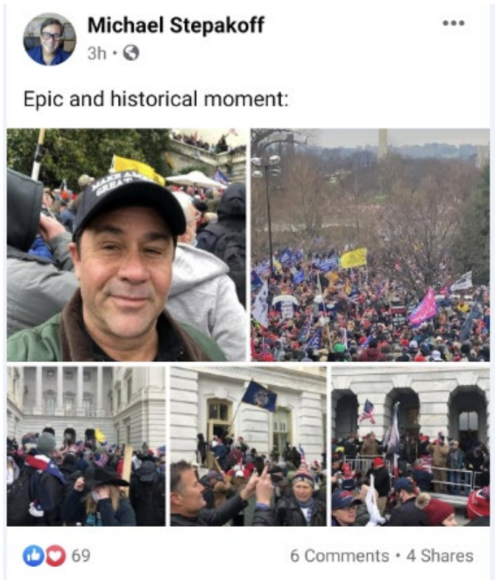 Michael Stepakoff shared photos of himself at the 6 January Capitol riot on Facebook, as seen in this screenshot released by federal investigators (US Attorney&#x002019;s Office)