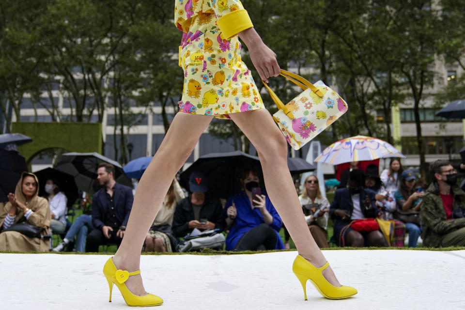 The Moschino collection is modeled during New York Fashion Week, Thursday, Sept. 9, 2021. (AP Photo/Mary Altaffer)