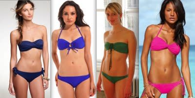 From left: J. Crew solid twist-front bandeau top, $44, bikini with detachable ties, $40; Forever 21 monochromatic drawstring top, $9.80, bottom, $8.80; Malia Mills top $135, lowrider bottom $125; Victoria's Secret twist bandeau top, $22, double-string bottom, $14.50.