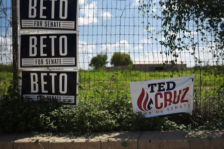 Ted Cruz and Beto O'Rourke election signs are seen near downtown Carizzo Springs, Texas, U.S. September 5, 2018. Picture taken September 5, 2018. REUTERS/Callaghan O'Hare