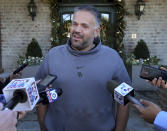 Former Baylor head football coach Matt Rhule speaks to reporters outside his home Tuesday Jan. 7, 2020, in Waco, Texas. According to a person familiar with the situation, the Carolina Panthers are completing a contract to hire Baylor's Matt Rhule as their coach. The Panthers have not spoken publicly about the coaching search.(Jerry Larson/Waco Tribune-Herald via AP)