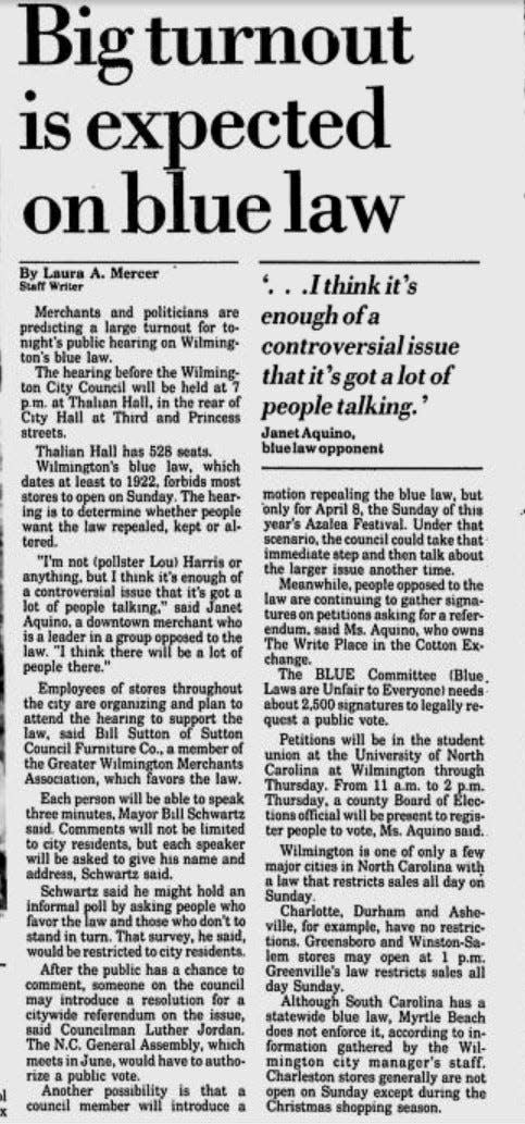 An article published on Feb. 29, 1984, predicts a big turn out for a Wilmington City Council hearing discussing the city's blue law, which forbid most stores from opening on Sundays.