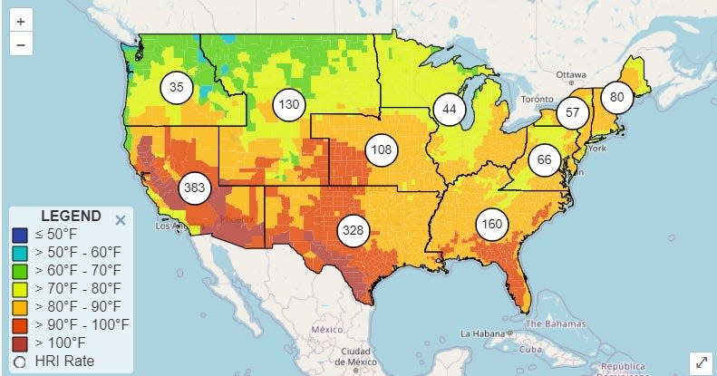 The Heat-Related Illness and Temperature map issued by the Centers for Disease Control shows the rate of emergency department visits associated with heat-related illness per 100,000 emergency visits by region.