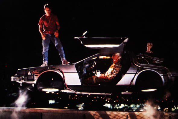 BACK TO THE FUTURE  1985 Universal/Steven Spielberg film with  Michael  Fox on bonnet and Christopher Lloyd