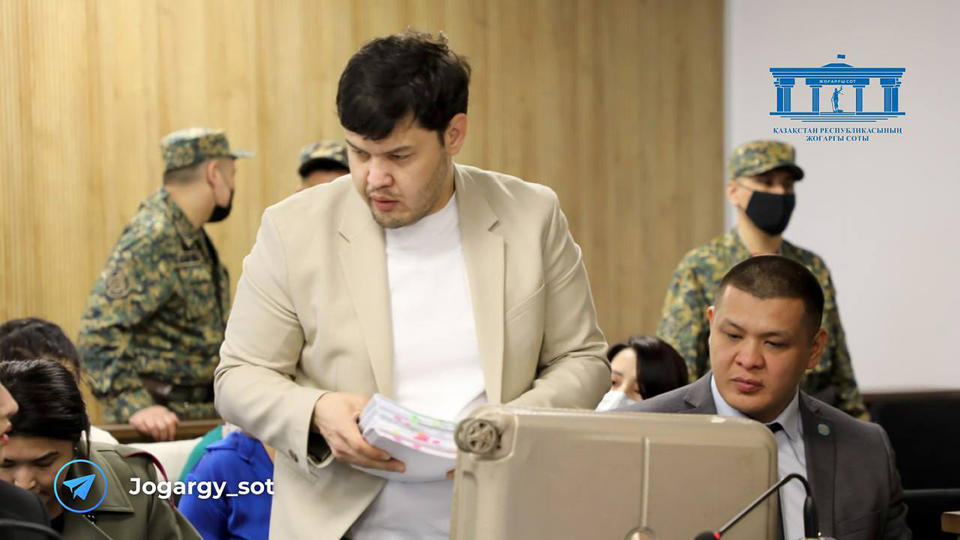 In this photo released by The Kazakhstan Supreme Court Press Office’s Telegram channel on Friday, April 19, 2024, Aitbek Amangeldy, attends a court session for businessman Kuandyk Bishimbayev, Kazakhstan's former economy minister. Bishimbayev is on trial in the killing of his wife, Saltanat Nukenova, the sister of Amangeldy. The trial has touched a nerve in the Central Asian country. Tens of thousands of people have signed petitions calling for harsher penalties for domestic violence. On April 11, senators approved a bill toughening penalties for spousal abuse, and President Kassym-Jomart Tokayev signed it into law four days later. (The Kazakhstan Supreme Court Press Office telegram channel via AP)