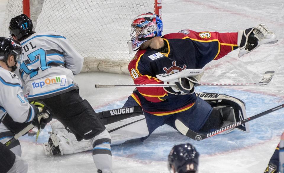 Peoria Rivermen goaltender Jeremy Brodeur robs Quad City on the doorstep in a 2019-20 SPHL game at Carver Arena. He started and played the entire preseason game in a 3-1 win for the New Jersey Devils on Monday, Sept. 30, 2024.