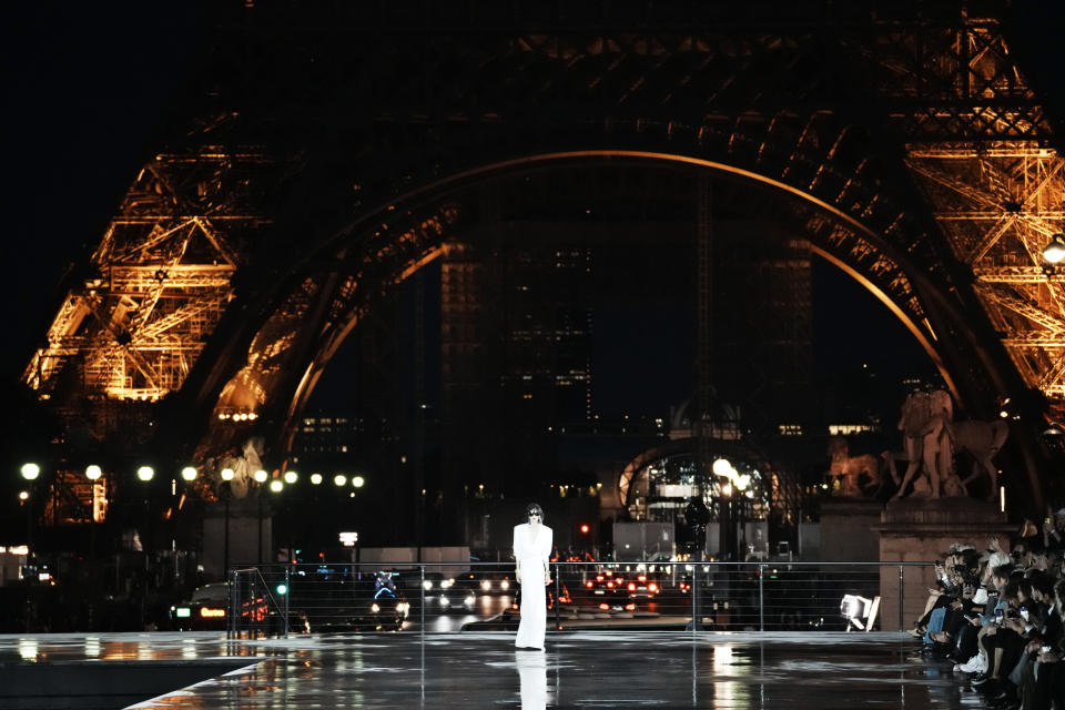 A model wears a creation for Saint Laurent Spring-Summer 2022 ready-to-wear fashion show presented Tuesday, Sept. 28, 2021, in Paris. (AP Photo/Thibault Camus)