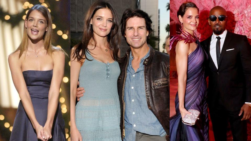 Left: Katie Holmes in 2002 with the most coveted hair colour. Middle: The Mrs. Cruise years. Right: A rare appearance with ex-boyfriend, Jamie Foxx. (Images via Getty Images)