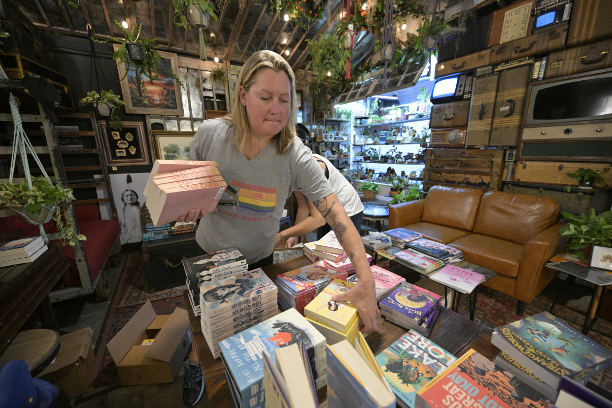 Jen Cousins of the Florida Freedom to Read Project packs up after a book giveaway event for educators on Aug, 2, 2022 in Winter Garden, Fla. (Phelan M. Ebenhack / The Washington Post via Getty Images)