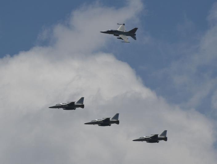 U.S F-16 fighter jets fly in formation during joint U.S.-Philippines air force military exercises near on May 9, 2023.