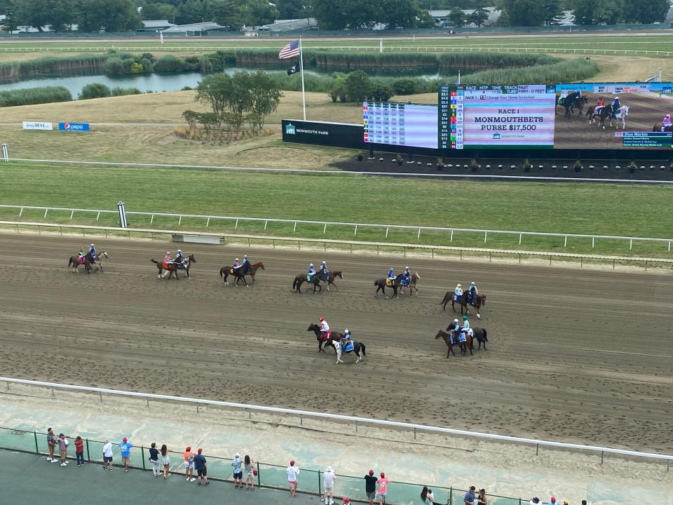 The post parade for the first race at Monmouth Park on Haskell Day, July 20, 2024.