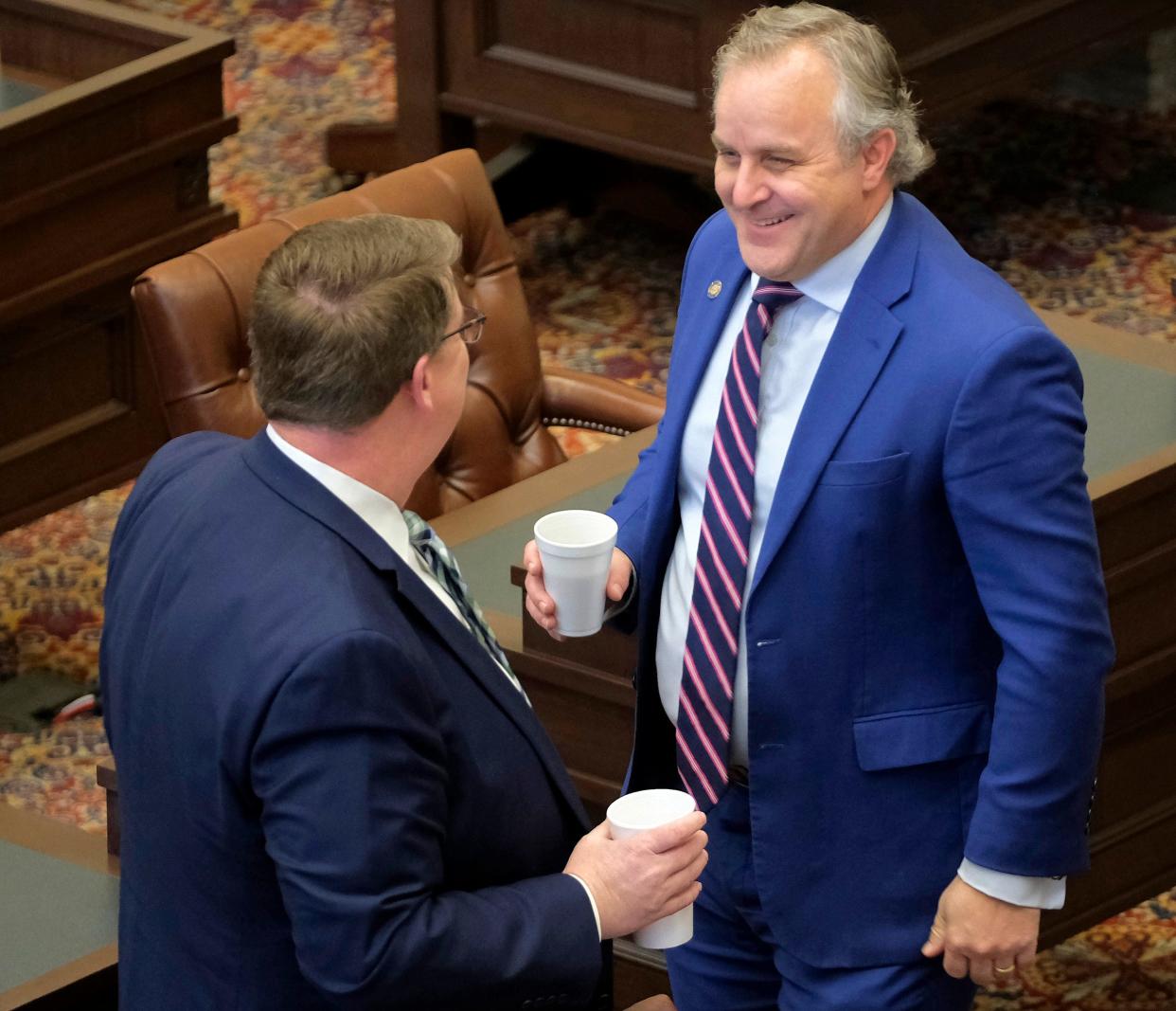 Senate Majority Floor Leader Greg McCortney, left, talks with President Pro Tem Greg Treat during the 3rd Extraordinary Session of the 59th Oklahoma Legislature Monday, Jan. 29, 2024.