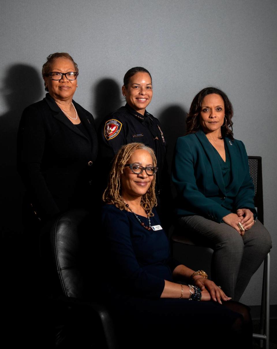 From left, Durham City Manager Wanda Page, Police Chief Patrice Andrews, City Attorney Kimberly Rehberg and Mayor Elaine O’Neal sit for a portrait at Durham City Hall on Wednesday, March 1, 2023, in Durham, N.C.