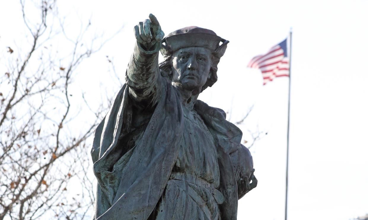 The statue of Christopher Columbus at the corner of Elmwood and Reservoir avenues in Providence in 2019.