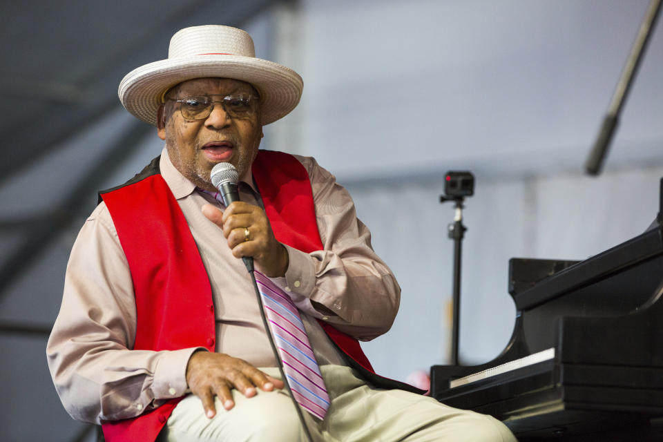CORRECTS MAYOR'S LAST NAME TO CANTRELL INSTEAD OF CAMPBELL - FILE - This April 28, 2019, file photo, shows Ellis Marsalis during the New Orleans Jazz & Heritage Festival in New Orleans. New Orleans Mayor LaToya Cantrell announced Wednesday, April 1, 2020, that Marsalis has died. He was 85. (AP Photo/Sophia Germer, File)