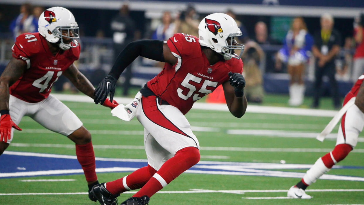 Mandatory Credit: Photo by Michael Ainsworth/AP/REX/Shutterstock (9808638dq)Arizona Cardinals defensive end Chandler Jones (55) runs up field during the first half of a preseason NFL football game against the Dallas Cowboys in Arlington, TexasCardinals Cowboys Football, Arlington, USA - 26 Aug 2018.