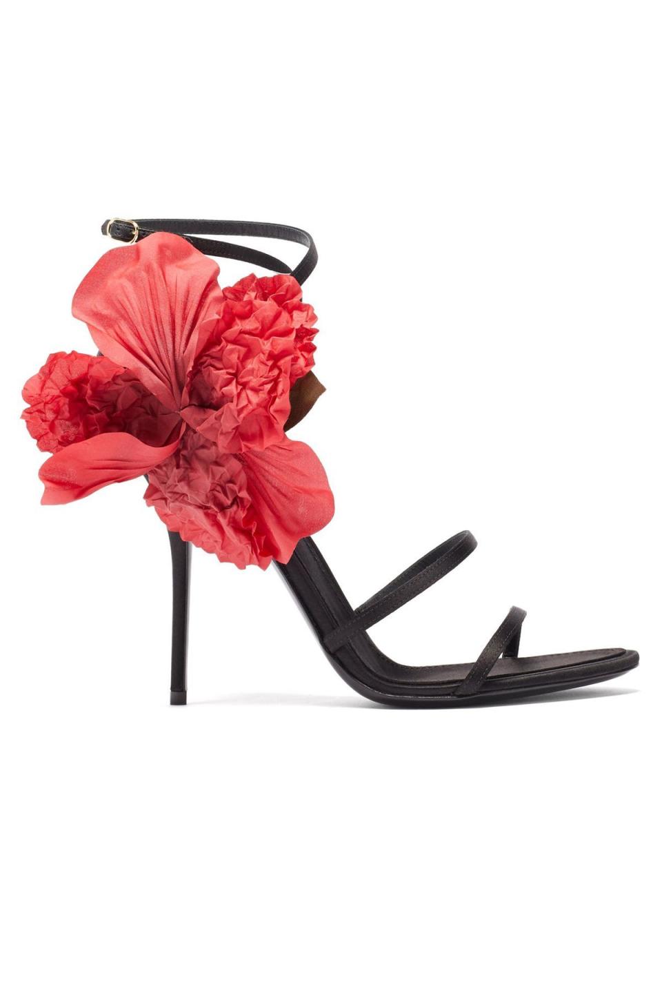 Floral-Appliqué Satin Sandals