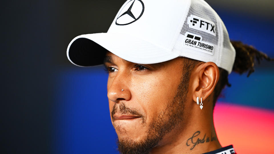 Lewis Hamilton is pictured during a press conference at the Japanese Grand Prix.