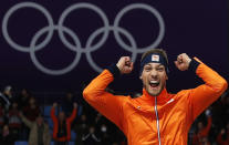 <p>Gold medallist Kjeld Nuis of The Netherlands celebrates on the podium after the men’s 1,500 meters speedskating race at the Gangneung Oval at the 2018 Winter Olympics in Gangneung, South Korea, Tuesday, Feb. 13, 2018. (AP Photo/John Locher) </p>