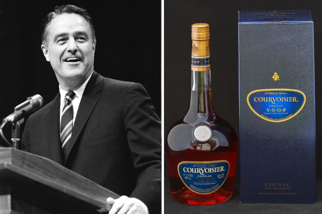 Composite: Sargent Shriver and Courvoisier bottle