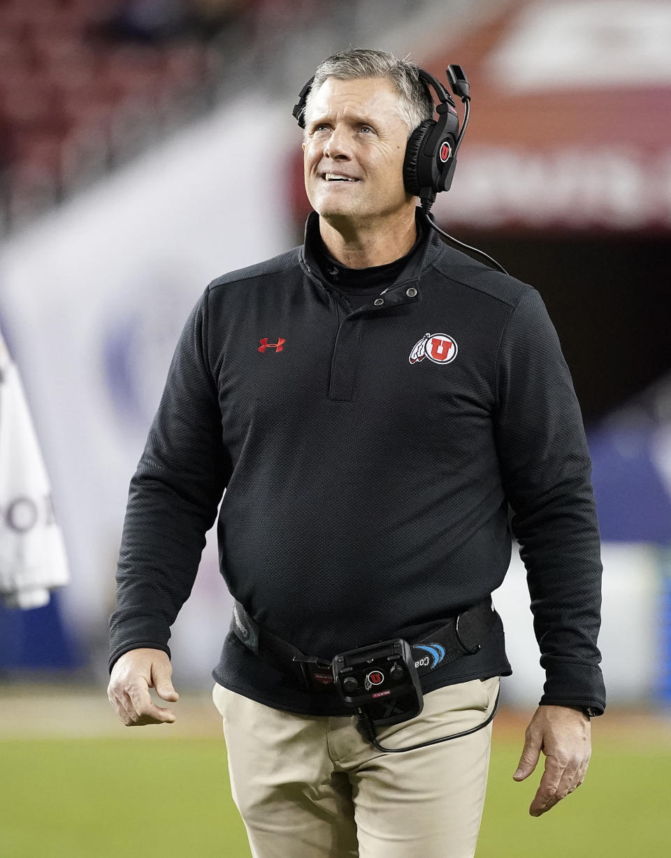 Utah coach Kyle Whittingham walks on the sideline during the first half of his team's Pac-12 Conference championship NCAA college football game against Washington in Santa Clara, Calif., Friday, Nov. 30, 2018. (AP Photo/Tony Avelar)