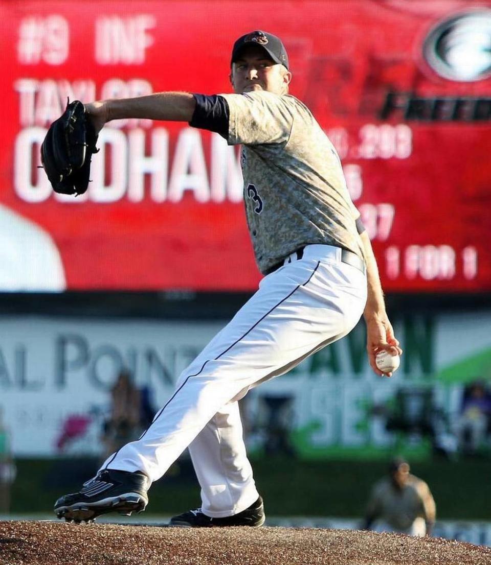 Trevor Richards, a 2011 Mater Dei graduate, delivers a pitch during one of his nine appearances with the Gateway Grizzlies in 2016. Richards is one of the Grizzlies’ famous alumni as he was signed by the Miami Marlins in 2016 and called up to the majors in 2018. He has since pitched for the Tampa Bay Rays and Milwaukee Brewers, and is currently on the Toronto Blue Jays. Richards’ former Frontier League team opens their 22nd season this week. Paul Baillargeon/Special to the News-Democrat