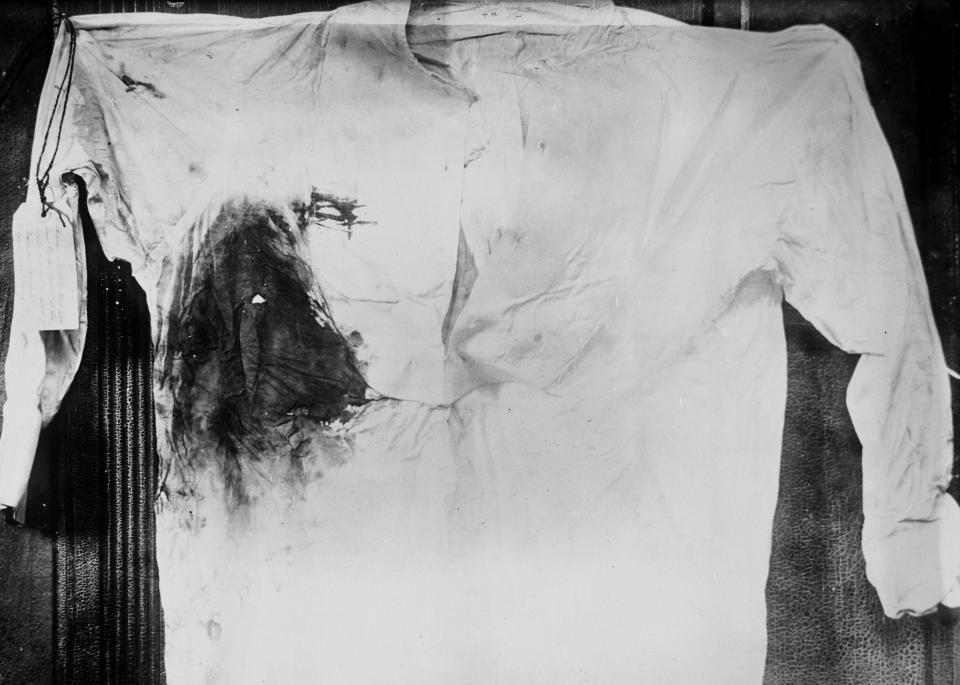 MILWAUKEE, WI, UNITED STATES - 1912:  Bloodstained shirt worn by U.S. President Theodore Roosevelt, photographed following an assassination attempt by New York saloon keeper John F. Schrank on October 14, 1912 in Milwaukee, Wisconsin.  (Photo by Harlingue/Roger Viollet via Getty Images)