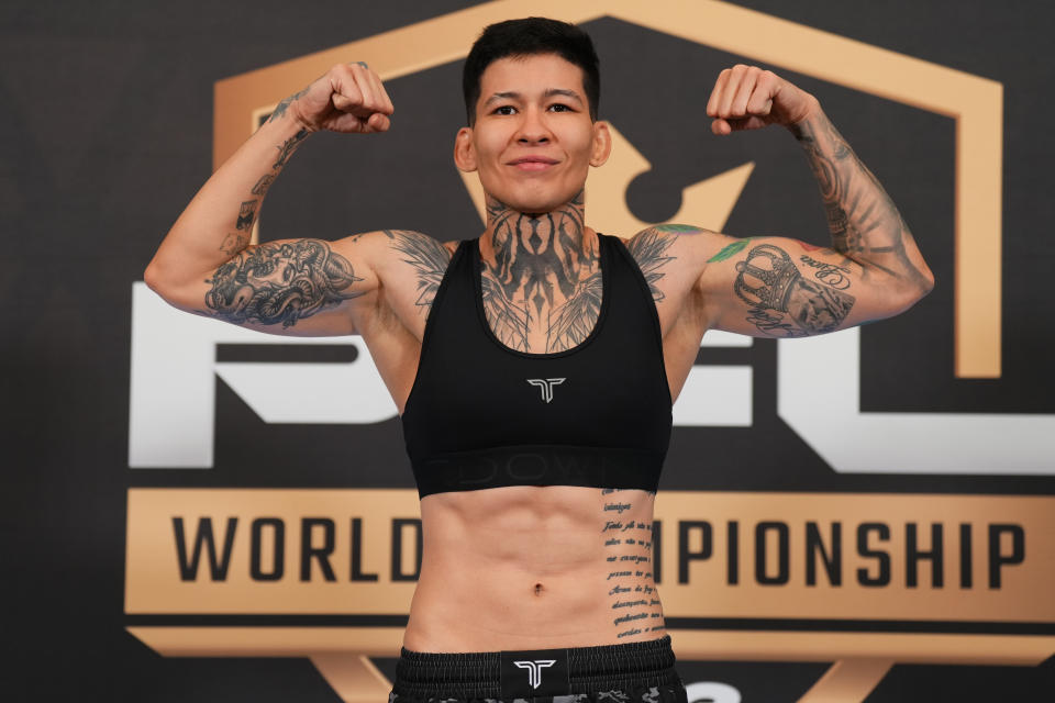 Larissa Pacheco, 2023 PFL Championships Official Weigh-Ins at the Grand Hyatt Washington in Washington D.C., Thursday, Nov. 23, 2023. (Cooper Neill / PFL)