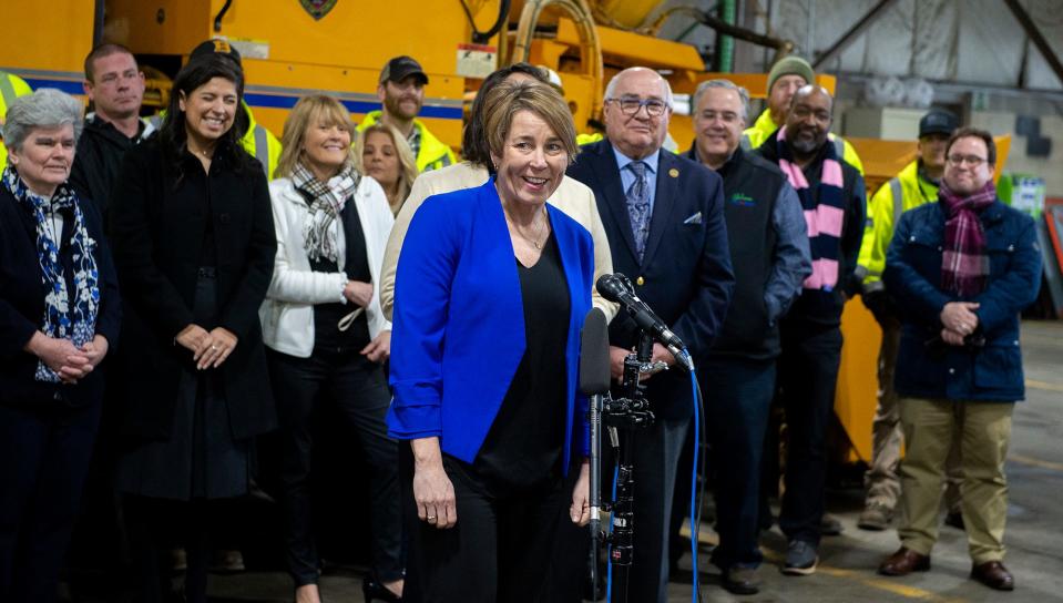 Gov. Maura Healey speaks during a press conference inside the Framingham Department of Public Works headquarters, Jan. 11, 2023.
