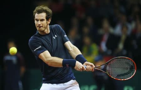 Tennis - Belgium v Great Britain - Davis Cup Final - Flanders Expo, Ghent, Belgium - 29/11/15. Men's Singles - Great Britain's Andy Murray in action during his match against Belgium's David Goffin. Action Images via Reuters / Jason Cairnduff