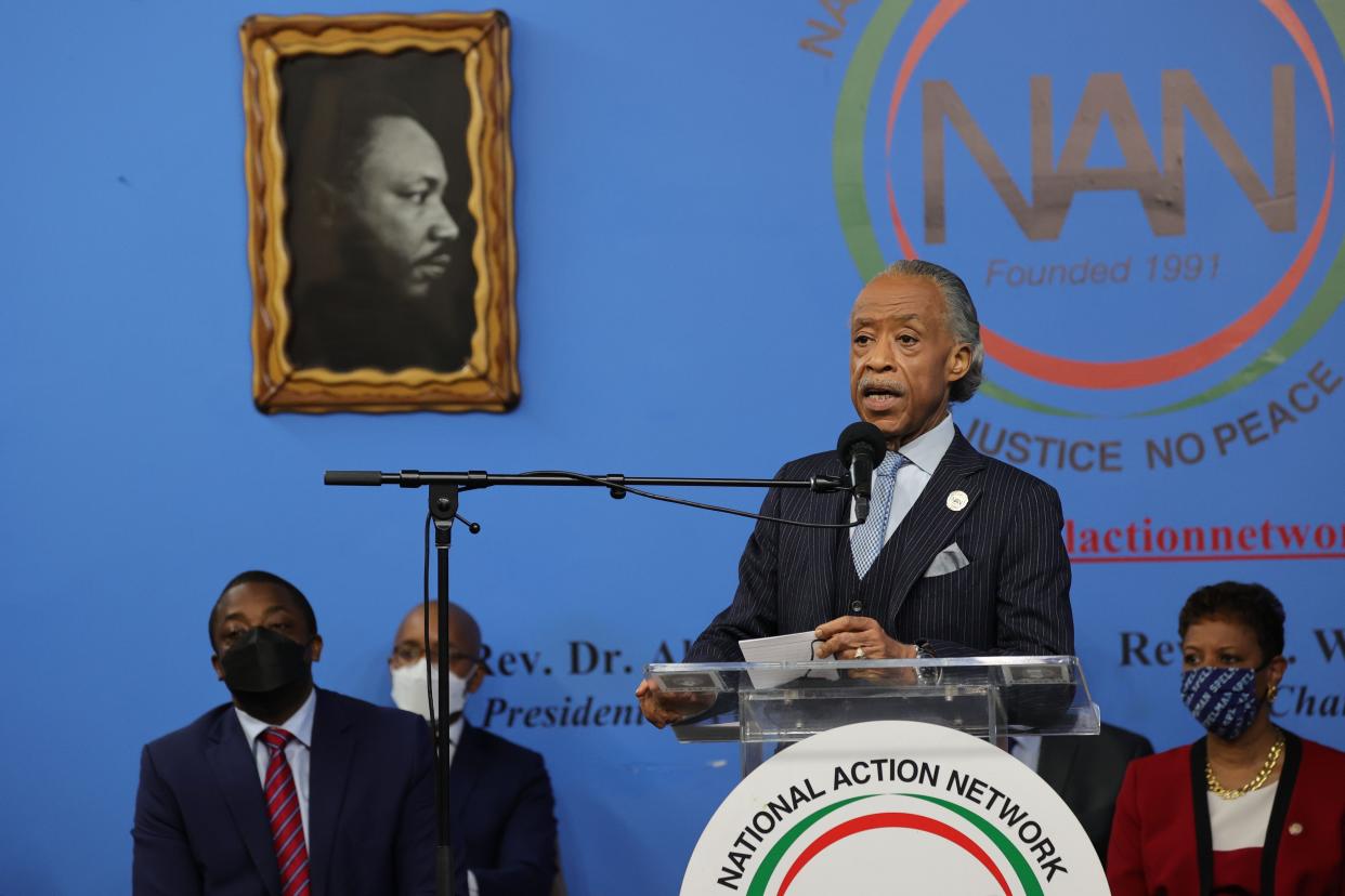 National Action Networks (NAN) founder Rev. Al Sharpton speaks at his headquarters during the annual Martin Luther King Day event in Harlem, New York on Monday, Jan. 17, 2022.