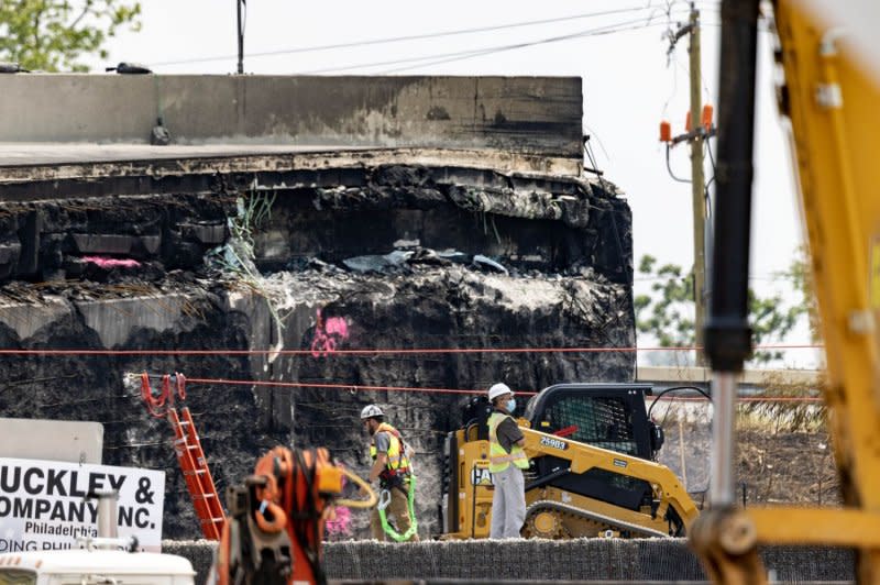 Construction workers begin repairing the section of Interstate 95 that collapsed after a truck accident in Philadelphia on June 17. File Photo by Laurence Kesterston/UPI