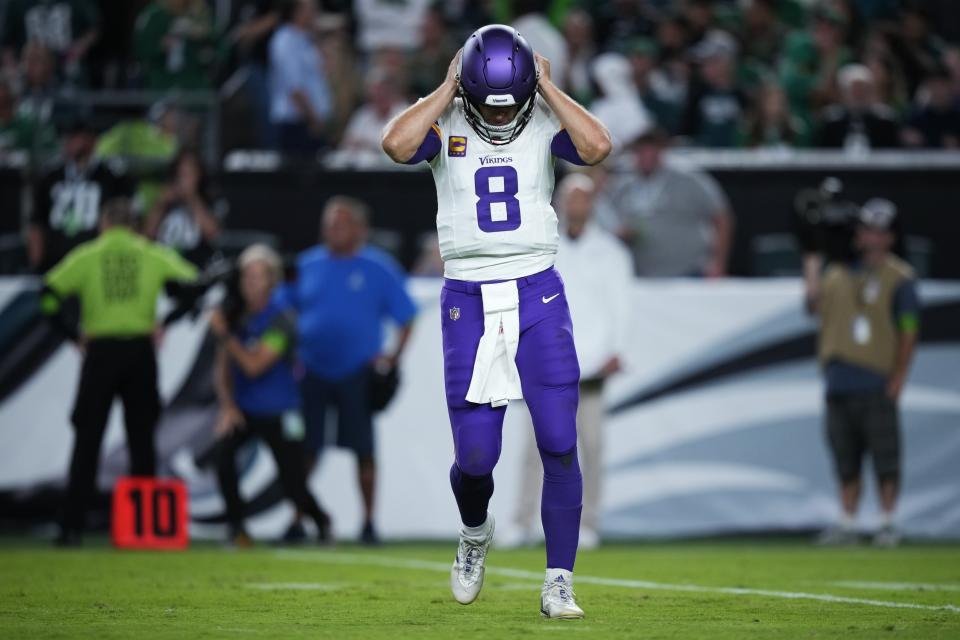 Minnesota Vikings quarterback Kirk Cousins (8) reacts during the second half of an NFL football game against the Philadelphia Eagles on Thursday, Sept. 14, 2023, in Philadelphia. (AP Photo/Matt Slocum)