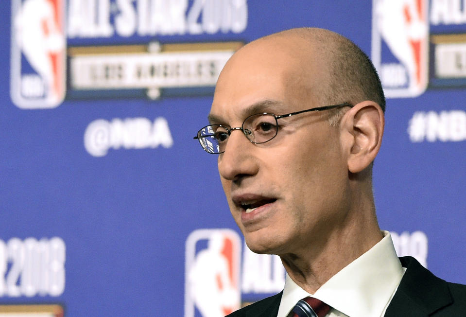 FILE - In this Feb. 17, 2018, file photo, NBA commissioner Adam Silver speaks to the media during All-Star basketball festivities in Los Angeles. The NBA and WNBA will now share official data with MGM Resorts International, a major win for the leagues as they prepare for the anticipated growth of sports betting across the country. The Las Vegas-based casino giant will pay the NBA for that data to use in determining outcomes of various bets. Terms of the deal announced Tuesday, July 31, 2018, were not disclosed, other than it’s a multiyear arrangement. (AP Photo/Chris Pizzello, File)