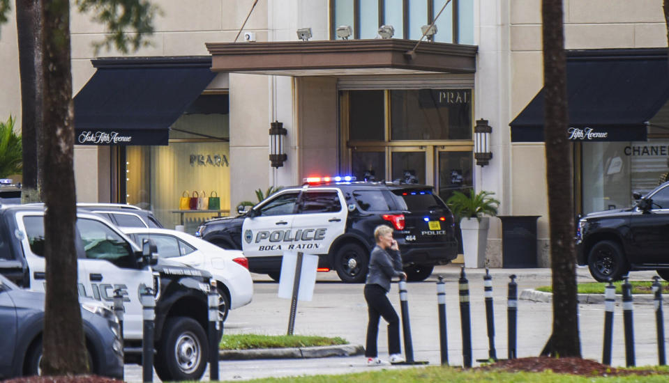 Authorities respond to Town Center at Boca Raton, Sunday, Oct. 13, 2019, in Boca Raton, Fla., as the mall had been placed on lockdown following reports of shots fired. (Andres Leiva/Palm Beach Post via AP)