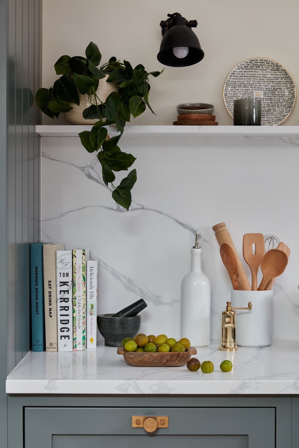 a white shelf with books and a plant on it