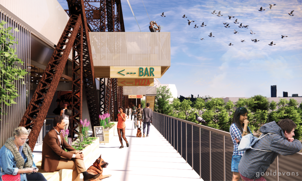 This rendering shows the potential redevelopment of the Rock Island Bridge. Flying Truss LLC hopes to create a crossing over the Kansas River and add food, beverage and entertainment venues on the structure.